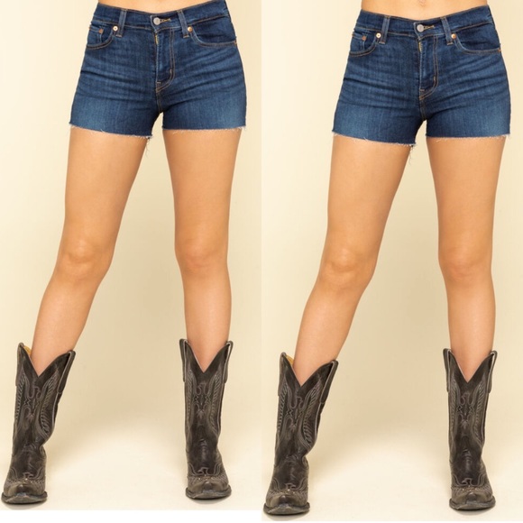 Levis Women’s High Rise Dark Wash Raw Hem Shorts - Picture 1 of 4